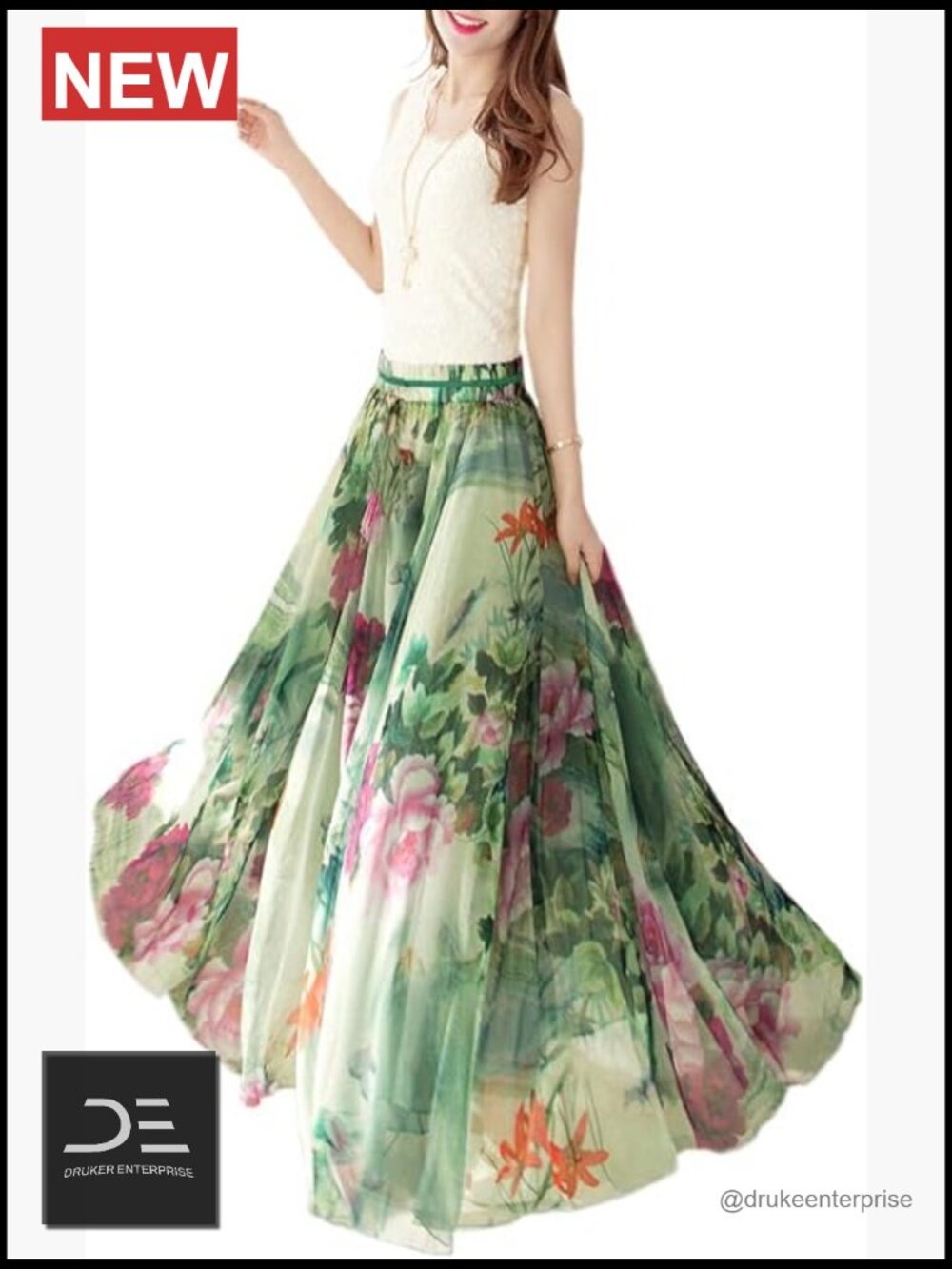 Women Maxi Full Length Blending Chiffon Long Skirt Beach Skirt Elastic Waist